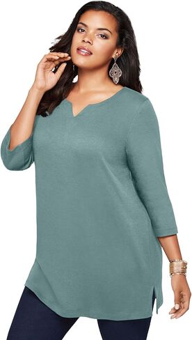 Roaman's Women's Plus Size Three-Quarter Sleeve Notch Neck Soft Knit Tunic in Saudi Arabia
