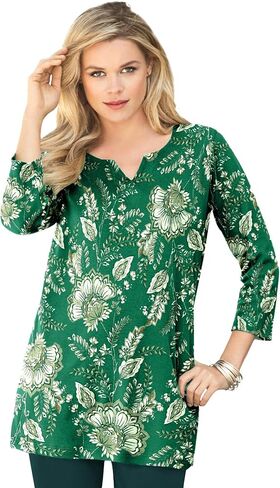 Roaman's Women's Plus Size Three-Quarter Sleeve Notch Neck Soft Knit Tunic in Saudi Arabia