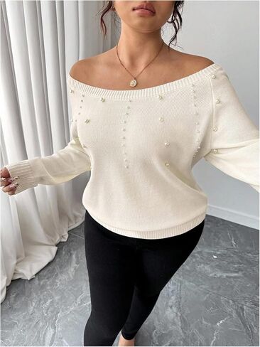 SOLY HUX Women's Plus Size Off The Shoulder Sweater Pearls Long Sleeve Knit Pullover Fall Jumper Tops in Saudi Arabia