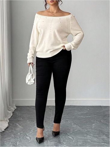 SOLY HUX Women's Plus Size Off The Shoulder Sweater Pearls Long Sleeve Knit Pullover Fall Jumper Tops in Saudi Arabia