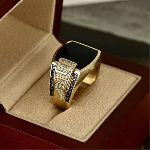 Men’s Fashion Ring 18K Gold Plated Black Onyx & Cubic Zirconia Punk Wedding Vintage Hip Hop Style Full Diamond Men's Ring, Trendy Cuban Link, Retro Gentleman Jewelry, Size 6-13 (7 in Saudi Arabia