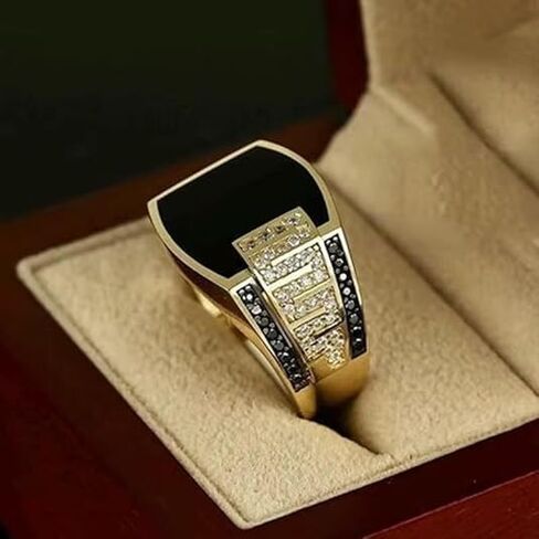 Men’s Fashion Ring 18K Gold Plated Black Onyx & Cubic Zirconia Punk Wedding Vintage Hip Hop Style Full Diamond Men's Ring, Trendy Cuban Link, Retro Gentleman Jewelry, Size 6-13 (7 in Saudi Arabia