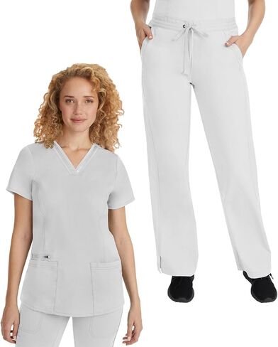 Healing Hands Scrub Set for Women with 5 Pockets, V-Neck Scrub Top 2278, and Taylor Pants 9095 with 2-Way Stretch Technology,White - M Top/M Pant in Saudi Arabia