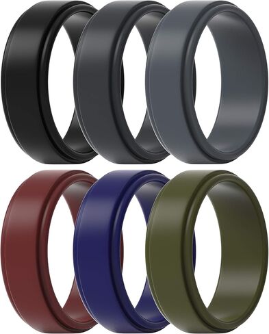 ThunderFit Silicone Wedding Rings for Men - Step Edge Sleek Design, Rubber Engagement Bands, 8mm Width 2mm Thickness - 2/3/4/5/6/7 Variety Multipack in Saudi Arabia
