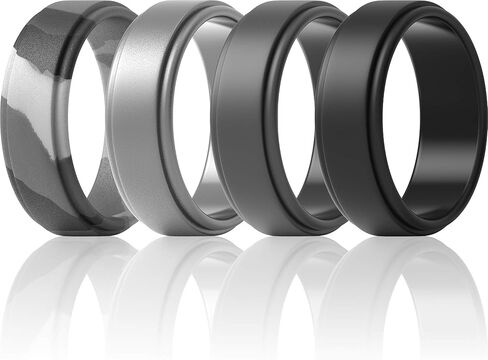 ThunderFit Silicone Wedding Rings for Men - Step Edge Sleek Design, Rubber Engagement Bands, 8mm Width 2mm Thickness - 2/3/4/5/6/7 Variety Multipack in Saudi Arabia