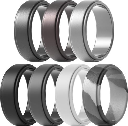 ThunderFit Silicone Wedding Rings for Men - Step Edge Sleek Design, Rubber Engagement Bands, 8mm Width 2mm Thickness - 2/3/4/5/6/7 Variety Multipack in Saudi Arabia