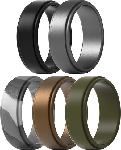 ThunderFit Silicone Wedding Rings for Men - Step Edge Sleek Design, Rubber Engagement Bands, 8mm Width 2mm Thickness - 2/3/4/5/6/7 Variety Multipack in Saudi Arabia