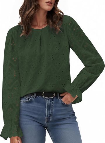 بلوزات نسائية ذات عيينة أنيقة غير رسمية بأكمام طويلة بطيات 2025 قمصان عصرية للخريف برقبة دائرية ومطرزة بالدانتيل in Kuwait