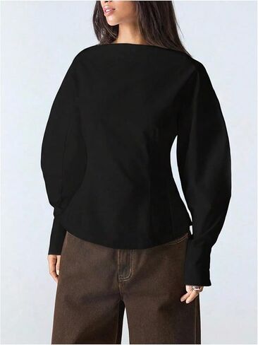 SHENHE Women's Dressy Casual Blouse Puff Long Sleeve Cinched Waist Boat Neck Going Out Fall Top in Saudi Arabia