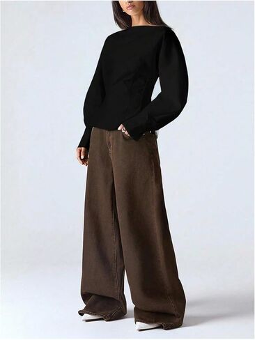 SHENHE Women's Dressy Casual Blouse Puff Long Sleeve Cinched Waist Boat Neck Going Out Fall Top in Saudi Arabia