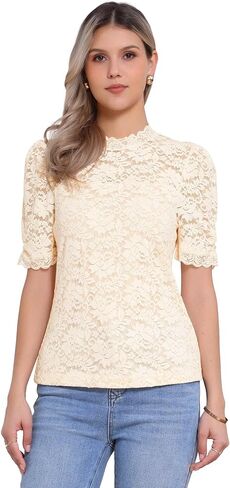Allegra K Lace Tops for Women Mock Neck Puff Short Sleeve Elegant Floral Blouses Dressy Casual Shirts in Saudi Arabia