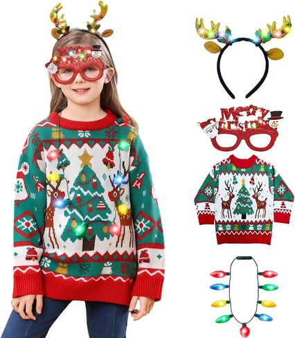 Kids Ugly Christmas Sweater Boys Girls Christmas Sweaters Outfit with Headband Necklace Glasses Party Accessories Set in Saudi Arabia