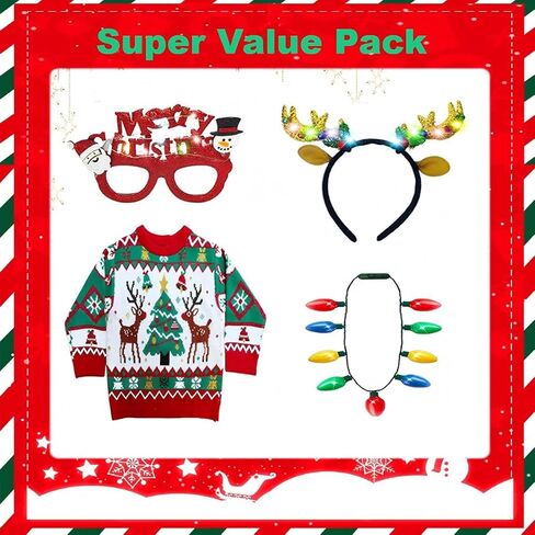 Kids Ugly Christmas Sweater Boys Girls Christmas Sweaters Outfit with Headband Necklace Glasses Party Accessories Set in Saudi Arabia