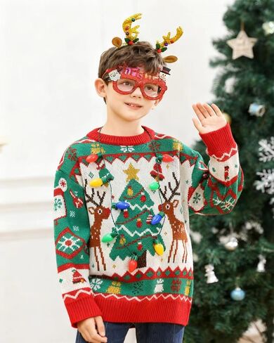 Kids Ugly Christmas Sweater Boys Girls Christmas Sweaters Outfit with Headband Necklace Glasses Party Accessories Set in Saudi Arabia