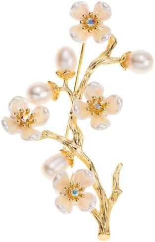 14K Gold Classical Chinese Style Plum Blossom Moissanite Brooch, Fashionable Elegant Pearl Flower Pin, Unique Design Gold Pin for Suit Accessories in Saudi Arabia
