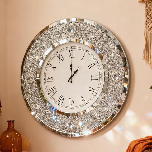 COSVALVE Mirror Wall Clock with Crystal, 20 Inch Large Silver Glass Clock for Wall Living Room, Big Decorative Wall Clock with Crushed Diamond Decor, Luxury Bling Wall Decor in Saudi Arabia