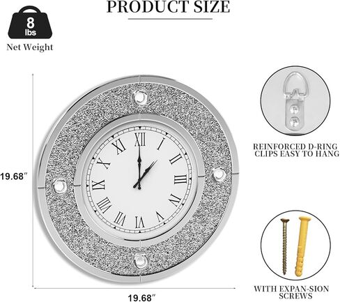 COSVALVE Mirror Wall Clock with Crystal, 20 Inch Large Silver Glass Clock for Wall Living Room, Big Decorative Wall Clock with Crushed Diamond Decor, Luxury Bling Wall Decor in Saudi Arabia