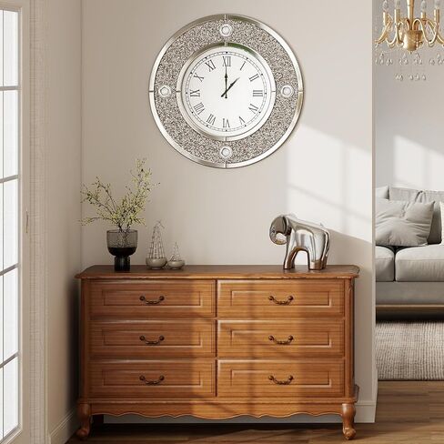 COSVALVE Mirror Wall Clock with Crystal, 20 Inch Large Silver Glass Clock for Wall Living Room, Big Decorative Wall Clock with Crushed Diamond Decor, Luxury Bling Wall Decor in Saudi Arabia