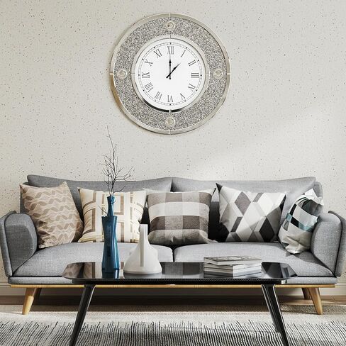 COSVALVE Mirror Wall Clock with Crystal, 20 Inch Large Silver Glass Clock for Wall Living Room, Big Decorative Wall Clock with Crushed Diamond Decor, Luxury Bling Wall Decor in Saudi Arabia