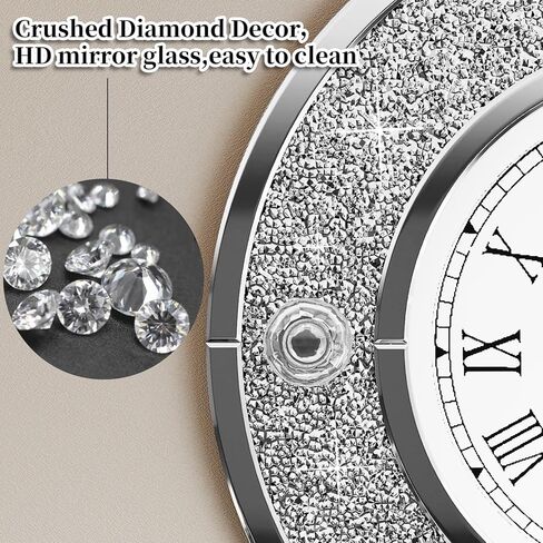 COSVALVE Mirror Wall Clock with Crystal, 20 Inch Large Silver Glass Clock for Wall Living Room, Big Decorative Wall Clock with Crushed Diamond Decor, Luxury Bling Wall Decor in Saudi Arabia