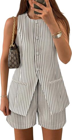 ZESICA Women's 2025 Summer 2 Piece Short Sets Sleeveless Crew Neck Suit Vest Tops High Waist Shorts Business Outfits in Saudi Arabia