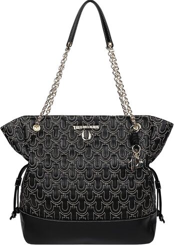 True Religion Tote Bag, Cinch Side Soft Logo Purse with Horseshoe Stitch Pattern, Chain Straps and Gold Hardware in Saudi Arabia