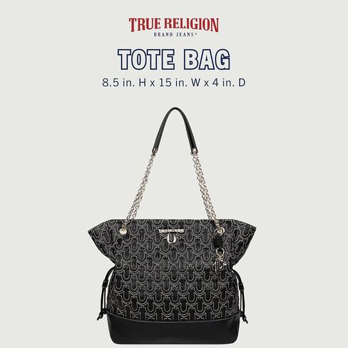 True Religion Tote Bag, Cinch Side Soft Logo Purse with Horseshoe Stitch Pattern, Chain Straps and Gold Hardware in Saudi Arabia