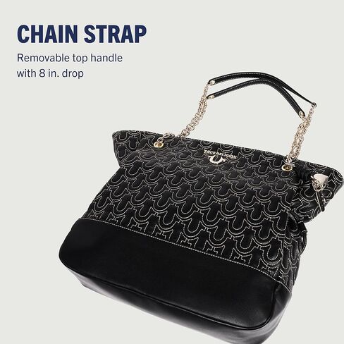 True Religion Tote Bag, Cinch Side Soft Logo Purse with Horseshoe Stitch Pattern, Chain Straps and Gold Hardware in Saudi Arabia