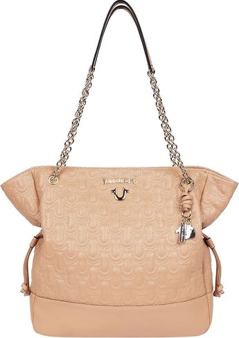 True Religion Tote Bag, Cinch Side Soft Logo Purse with Horseshoe Stitch Pattern, Chain Straps and Gold Hardware in Saudi Arabia