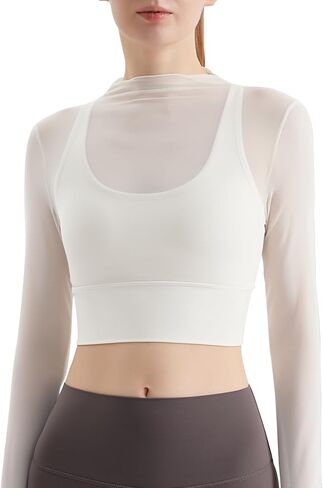 Luna & Sun Sheer Mesh Sexy Crop Top Longsleeve Mock Neck Criss Cross Strappy Back Design Padded Camisole Workout Yoga Fitness in Saudi Arabia