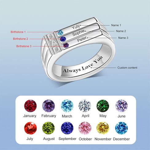 خاتم جوهرة الأب مخصص للأب مع 3/4 أحجار الميلاد وأسماء الزوج الجد عيد ميلاد عيد الميلاد الذكرى السنوية (3 أحجار - فضي) in Kuwait