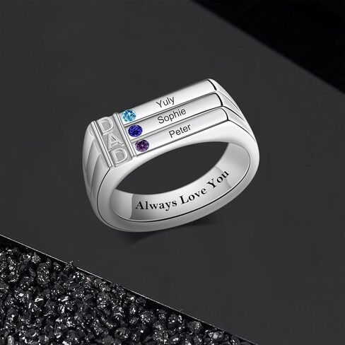 خاتم جوهرة الأب مخصص للأب مع 3/4 أحجار الميلاد وأسماء الزوج الجد عيد ميلاد عيد الميلاد الذكرى السنوية (3 أحجار - فضي) in Kuwait