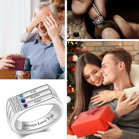 خاتم جوهرة الأب مخصص للأب مع 3/4 أحجار الميلاد وأسماء الزوج الجد عيد ميلاد عيد الميلاد الذكرى السنوية (3 أحجار - فضي) in Kuwait