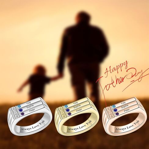 خاتم جوهرة الأب مخصص للأب مع 3/4 أحجار الميلاد وأسماء الزوج الجد عيد ميلاد عيد الميلاد الذكرى السنوية (3 أحجار - فضي) in Kuwait