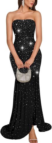 Kaei&Shi Rhinestone Maxi Dress,Tube Drop Waist Formal Dresses with Slit,Sparkly Wedding Guest Cocktail Party Outfits in Kuwait