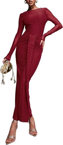 Cosonsen Women’s Bodycon Dress Mesh Long Sleeve Open Back Maxi Dresses with Sash in Saudi Arabia