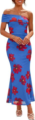 MEROKEETY Women's Floral Maxi Dress 2026 Summer Off Shoulder Ruched Mesh Bodycon Cocktail Wedding Guest Party Dresses in Saudi Arabia