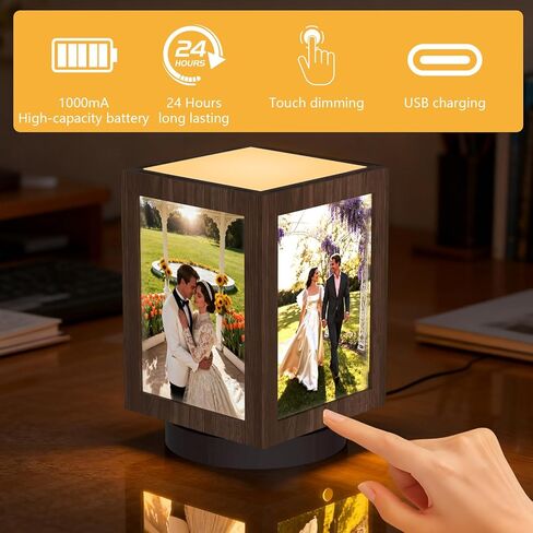 حامل ضوء إطار الصورة Mixoo 4x6، مصباح طاولة بإطار صور دوار عتيق، مصباح مكتب يعمل باللمس لسرير غرفة النوم، مصابيح طاولة لمكتب العائلة وعيد ميلاد عيد الحب (بني خشبي) in Kuwait