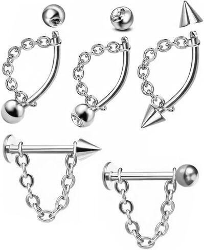 5 أجهزة كمبيوتر مثبتة لابريت شفة مثقبة مجوهرات 316L من الفولاذ المقاوم للصدأ 16G Tragus Helix Rook المجوهرات مع أقراط غضروف السلسلة للنساء الرجال in Saudi Arabia