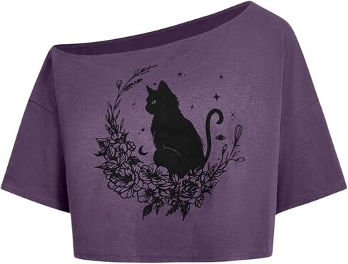 SOLY HUX Women's Off The Shoulder Crop Tops Graphic Tees Y2k Short Sleeve Loose Fit T Shirts Streetwear in Saudi Arabia
