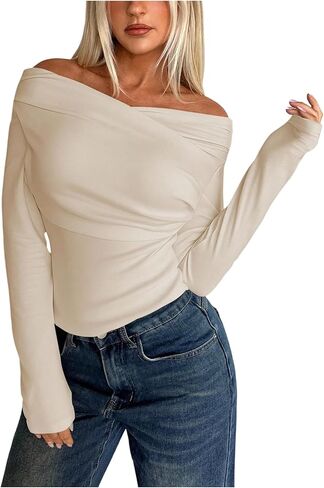Women's Elegant Ruched Off Shoulder Tops Long Sleeve T Shirts Slim Fit Crop Tops in Saudi Arabia