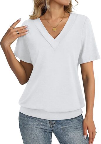 TCITICMISS Womens Short Sleeve Tops Banded Bottom V Neck Summer T Shirt Casual Basic Tees in Saudi Arabia