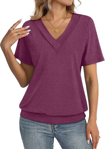 TCITICMISS Womens Short Sleeve Tops Banded Bottom V Neck Summer T Shirt Casual Basic Tees in Saudi Arabia