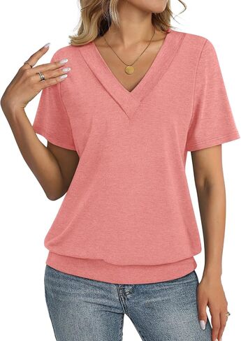 TCITICMISS Womens Short Sleeve Tops Banded Bottom V Neck Summer T Shirt Casual Basic Tees in Saudi Arabia
