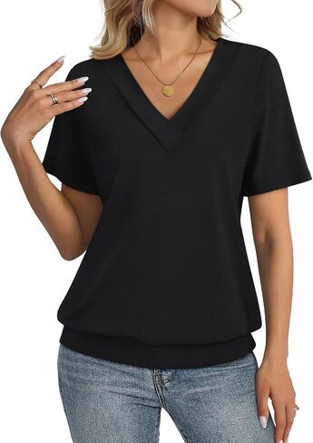 TCITICMISS Womens Short Sleeve Tops Banded Bottom V Neck Summer T Shirt Casual Basic Tees in Saudi Arabia