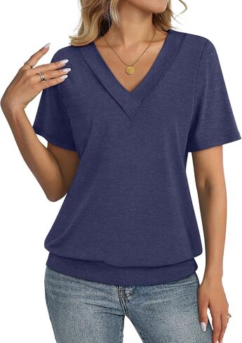 TCITICMISS Womens Short Sleeve Tops Banded Bottom V Neck Summer T Shirt Casual Basic Tees in Saudi Arabia