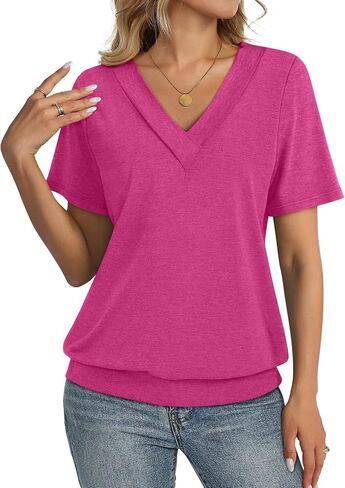 TCITICMISS Womens Short Sleeve Tops Banded Bottom V Neck Summer T Shirt Casual Basic Tees in Saudi Arabia