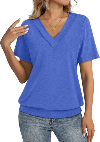 TCITICMISS Womens Short Sleeve Tops Banded Bottom V Neck Summer T Shirt Casual Basic Tees in Saudi Arabia