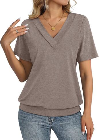 TCITICMISS Womens Short Sleeve Tops Banded Bottom V Neck Summer T Shirt Casual Basic Tees in Saudi Arabia