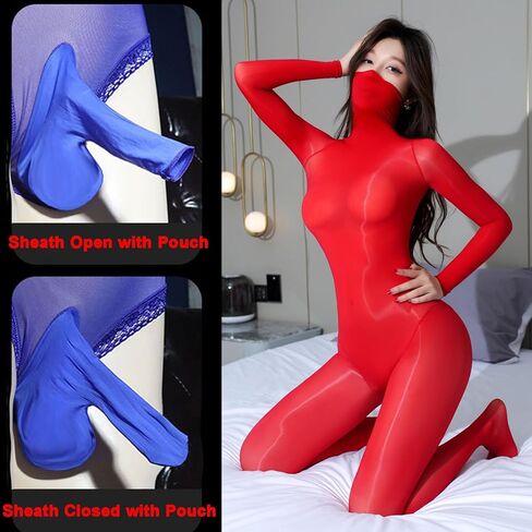 LESOYA النساء الرجال طويلة الأكمام ارتداءها شير Catsuit عالية طوق النفط لامعة بوديستوكينج حريري كامل الجسم الجورب in Kuwait